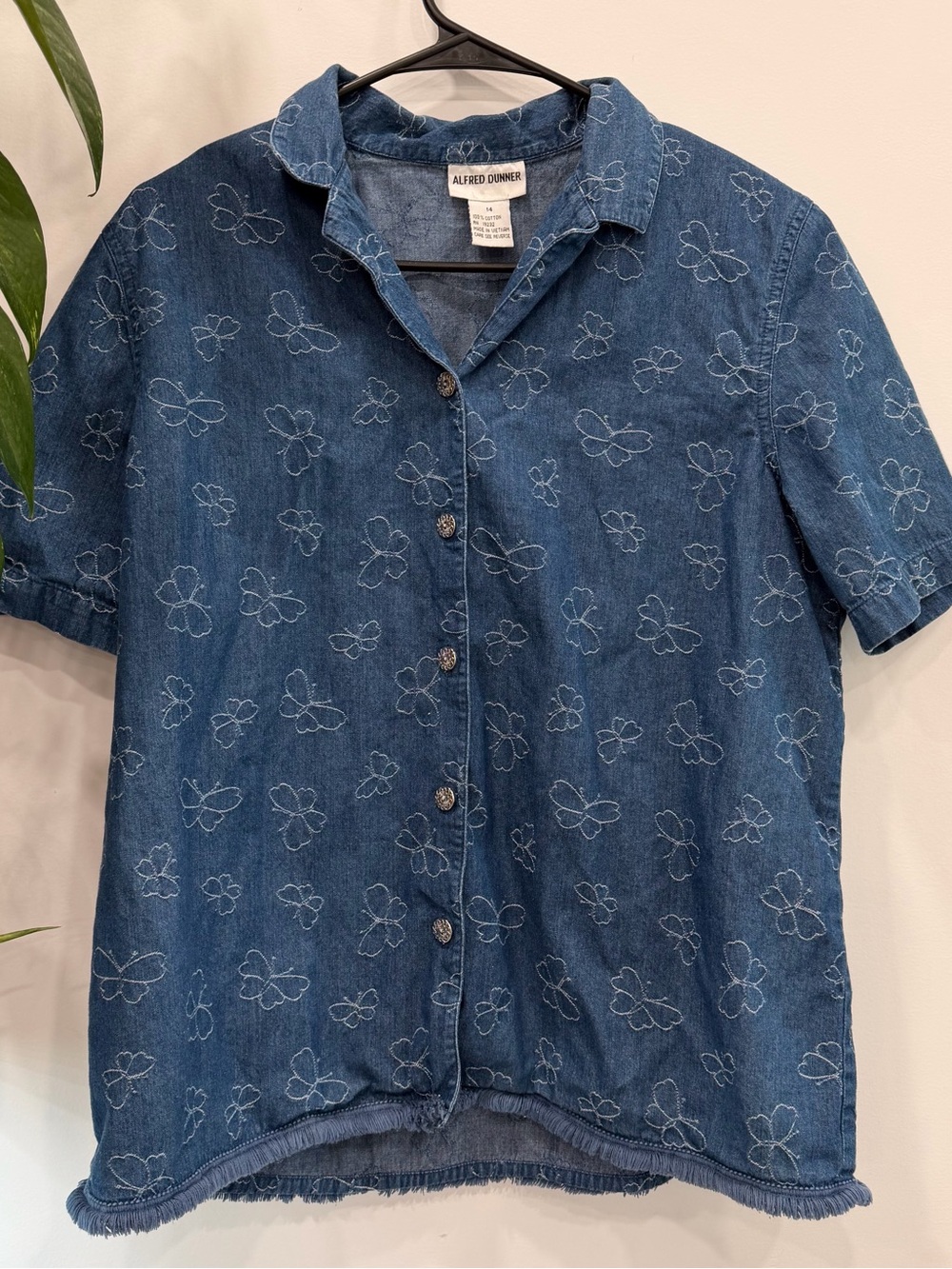 Y2K Whimsigoth Denim Butterfly Embroidered Fringed 100% Cotton Top Woman’s 14